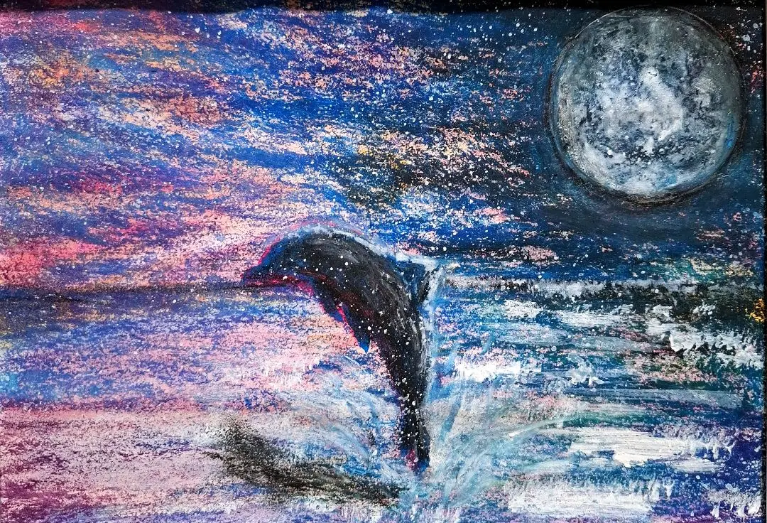 イルカのパステル画 月明かりの海　B5サイズフレーム入り　原画　水彩画　手描き
