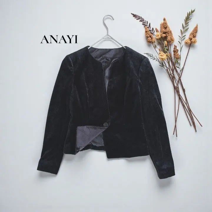 アナイ ノーカラージャケット 【S】 ベロア 黒 きれいめ 秋冬 d696