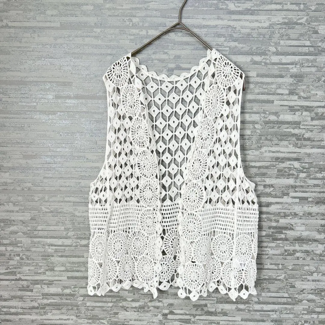 エスイーユー　レース編みベスト 白 綿100% フリーサイズ　夏　韓国　シンプル