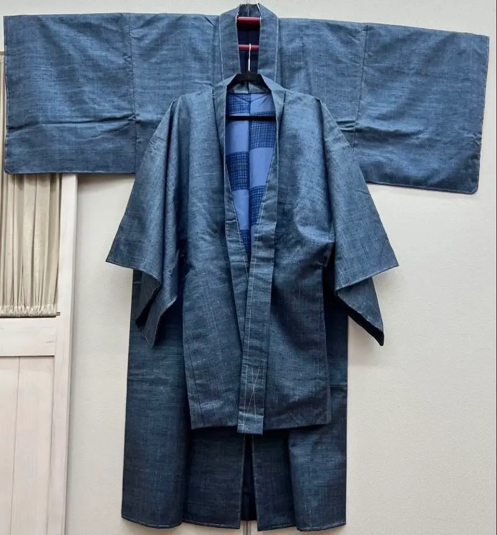 手織り節紬　男物アンサンブル　　しつけ付き