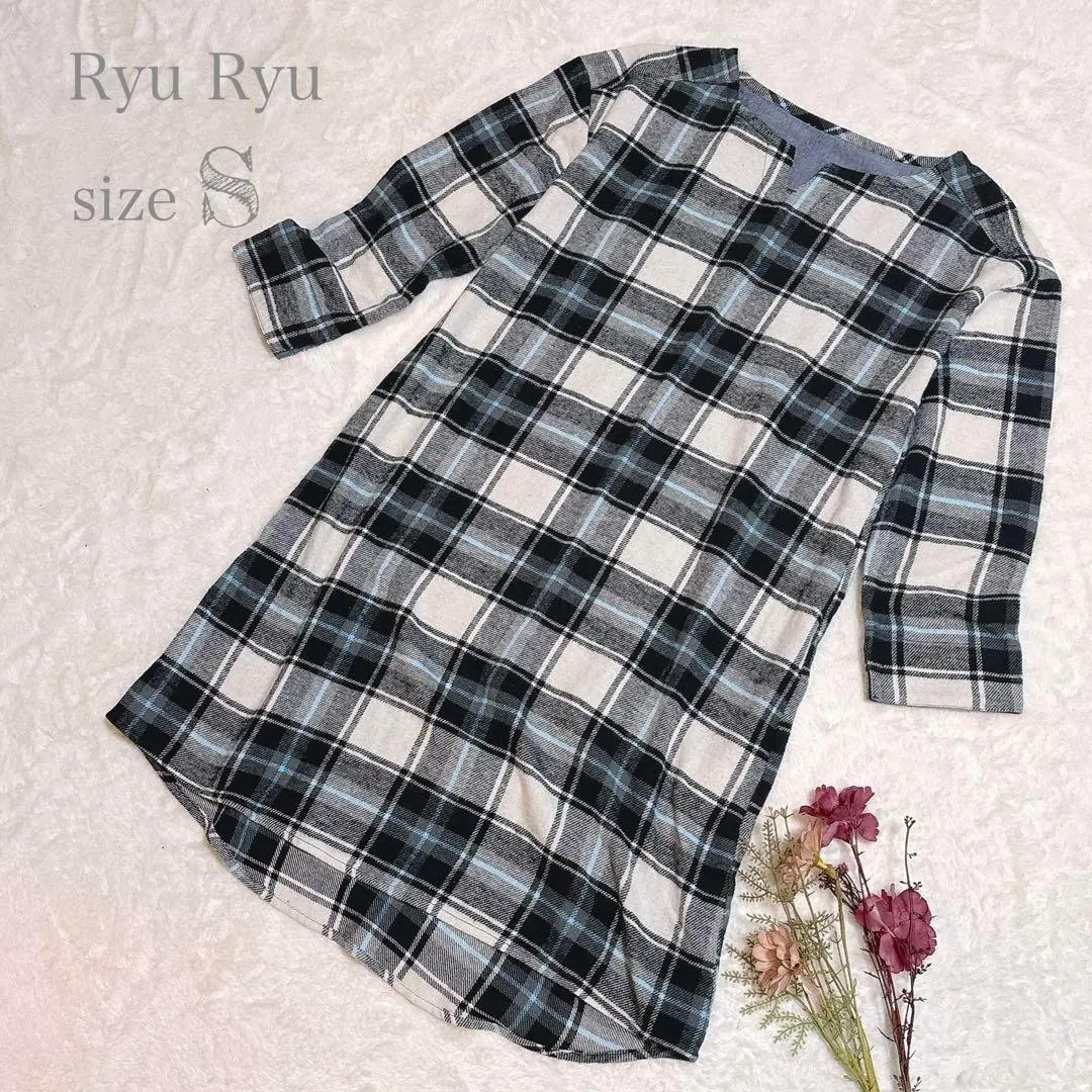 【リュリュ】チェック柄ワンピース ひざ丈 7分袖 綿100% S ●