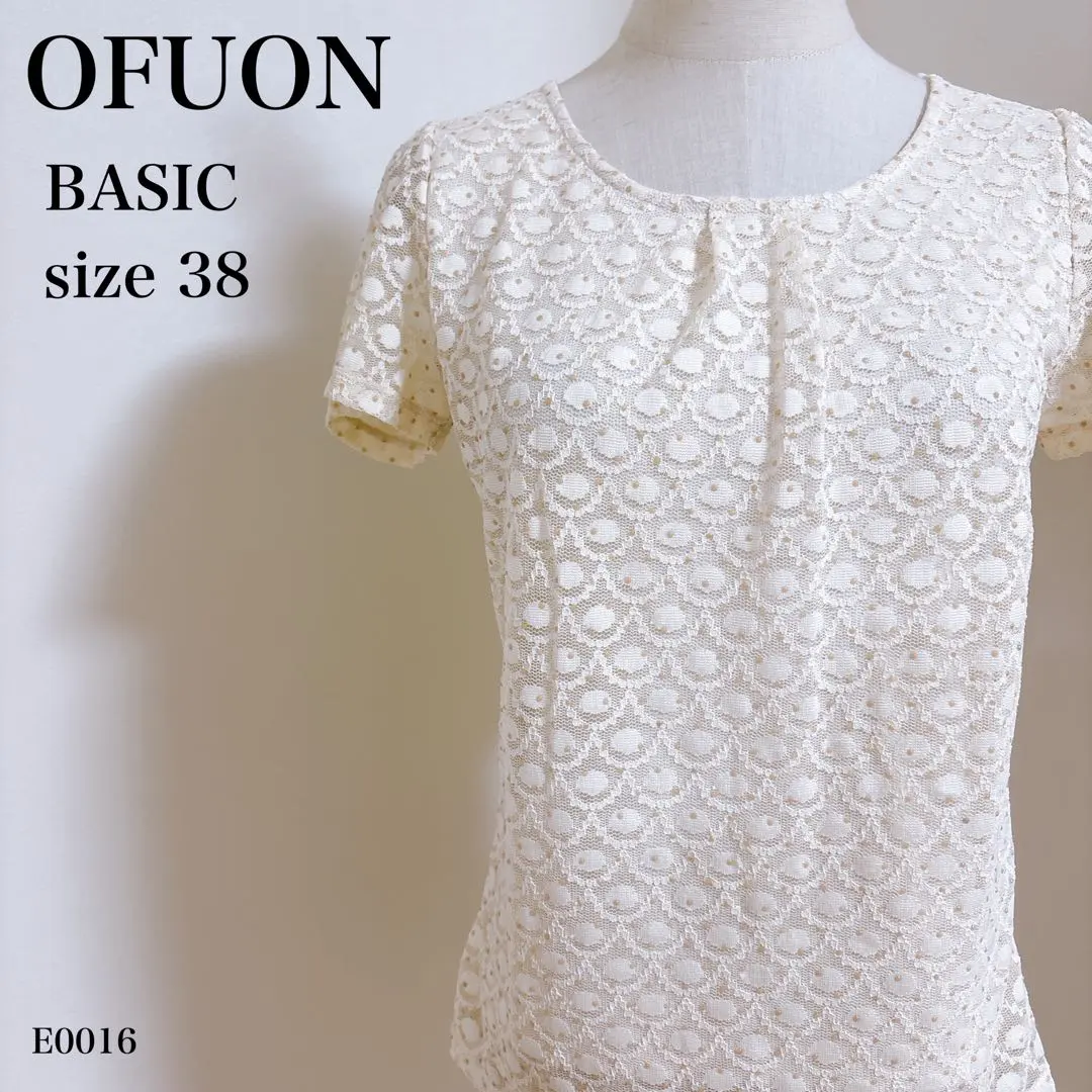 OFUON BASIC 上品レースブラウス アイボリー リボン 半袖 38 春夏