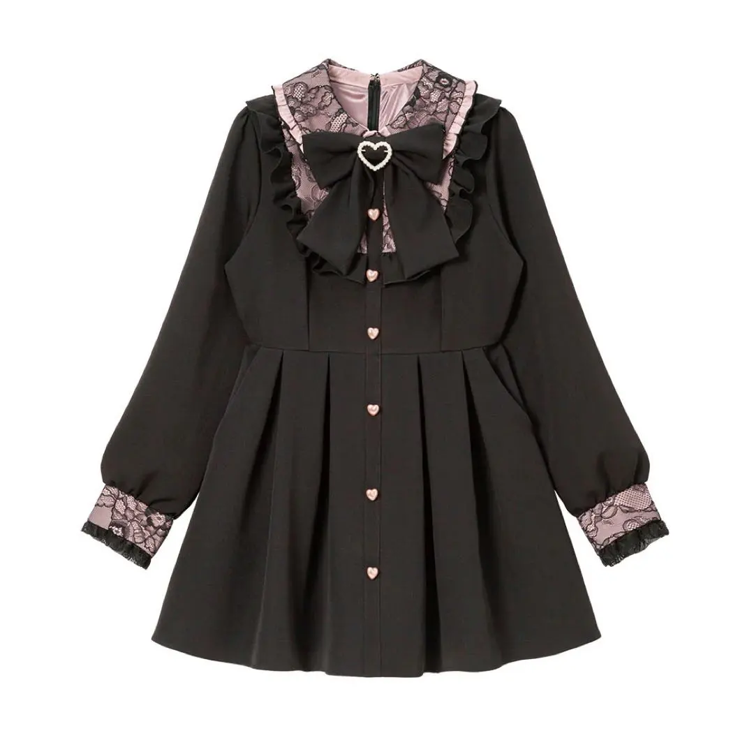 値下げ　夢展望 選べる丈レース重ねヨークワンピース 黒