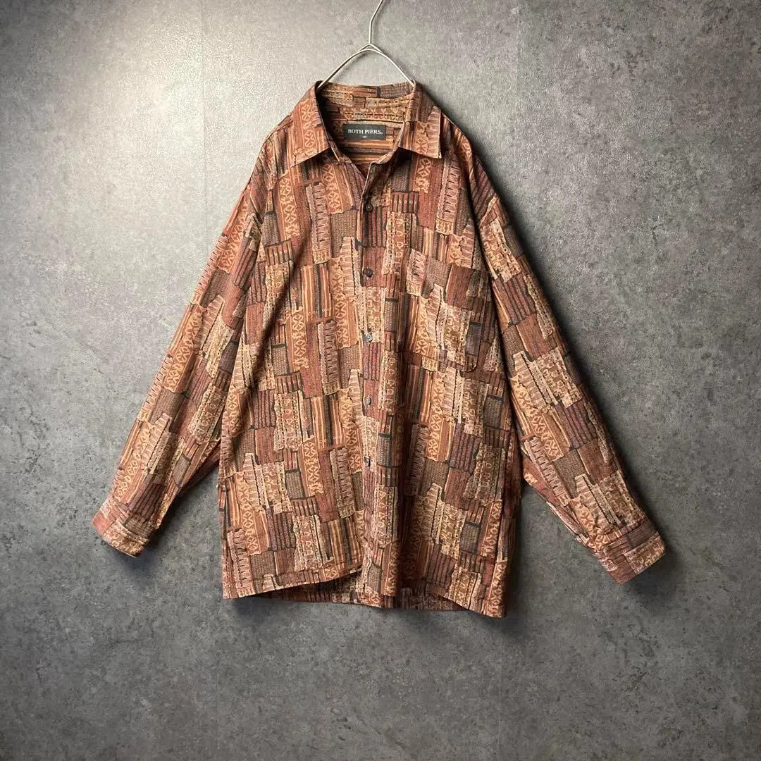 長袖シャツ　柄シャツ　ブラウン　総柄　ビンテージ　レトロ古着