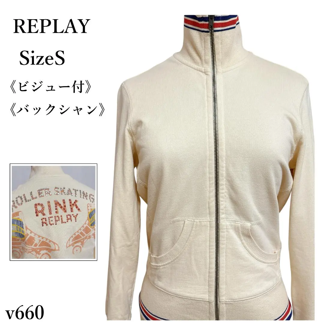 リプレイ ジップアップブルゾン バックプリント ラインストーン パーカー S