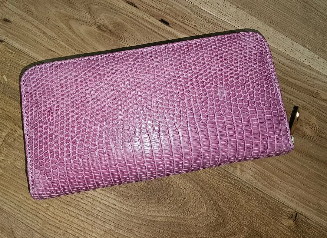 貴重　リザード　ピンク　長財布　ゴールド　ファスナー　 ウォレット　トカゲ