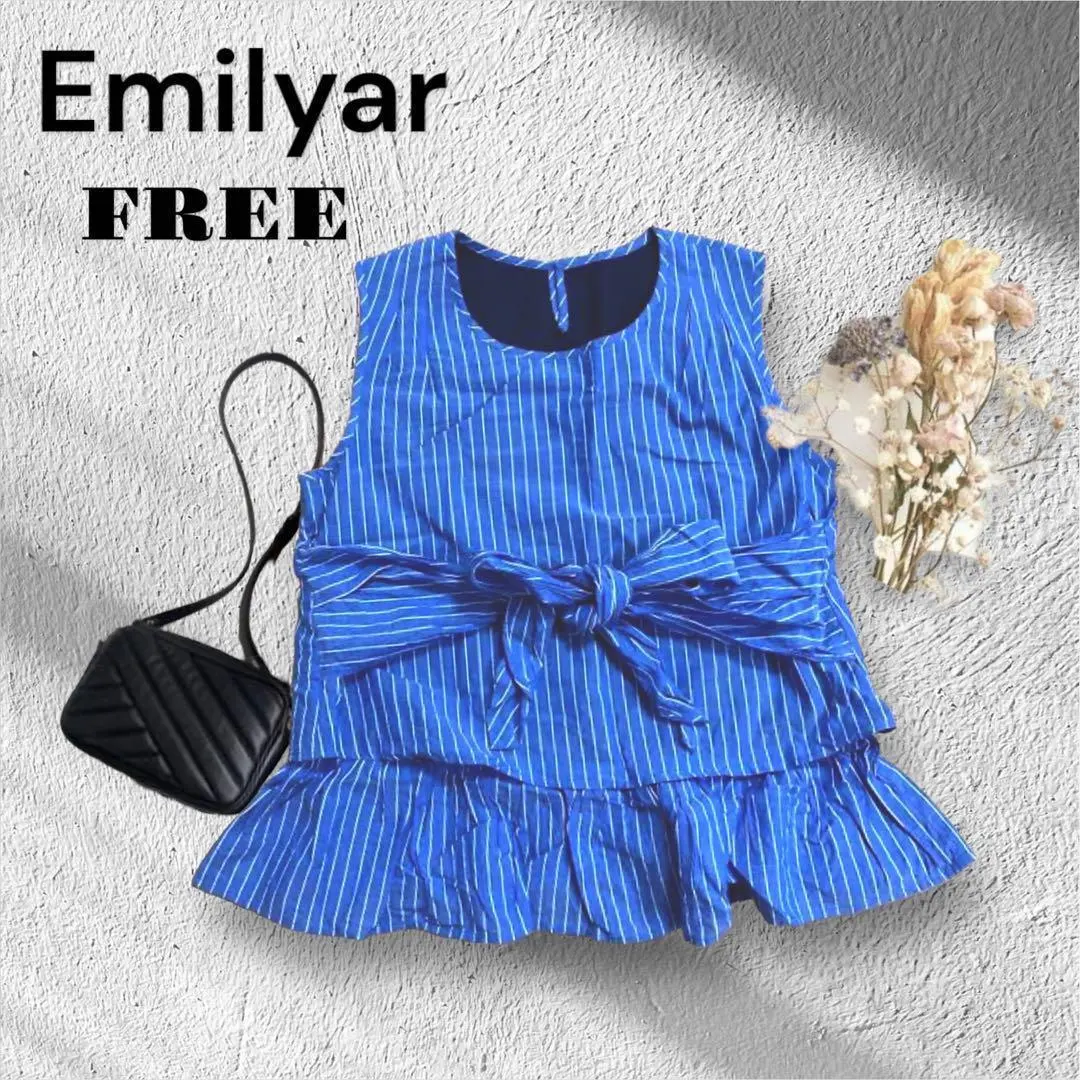 エミリアン リボン ブラウス ノースリーブ 青 ストライプ チュニック