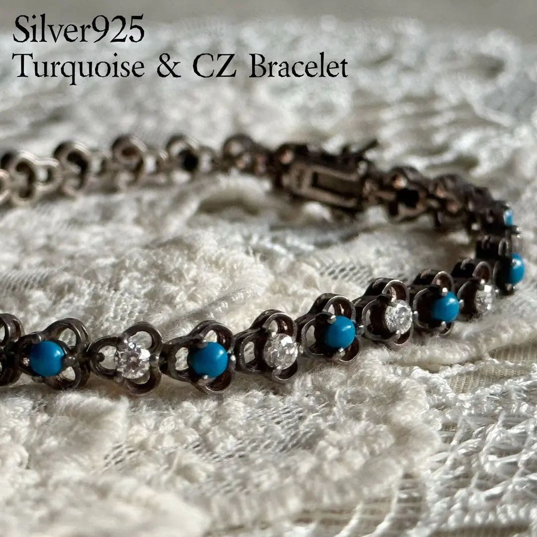 silver925 ターコイズ CZダイヤモンド ブレスレット トルコ石 蚤の市
