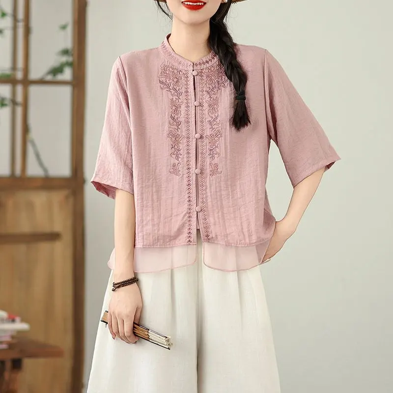 3カラー展開 ブラウス 切り替え ゆったり 五分袖 エレガント スタンドカラー