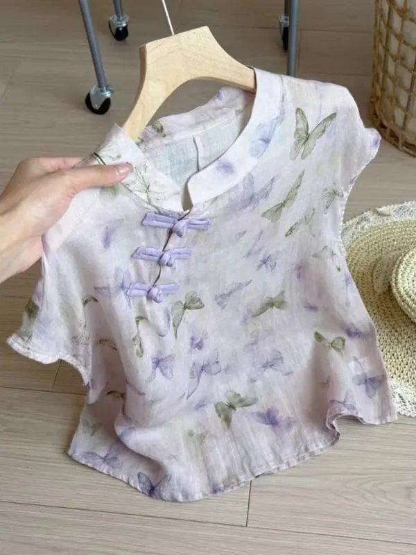 綺麗め プリント 着心地いい ブラウス レトロ＆ゆったり 袖なし 蝶々柄