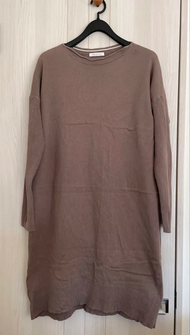 袖切り替え リブ モカブラウン ニット ロングワンピース 長袖