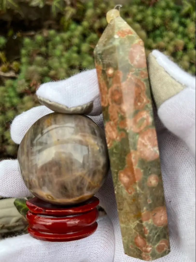ブラックサンムーンストーン　スフィア、レインフォレストジャスパー　タワー　セット