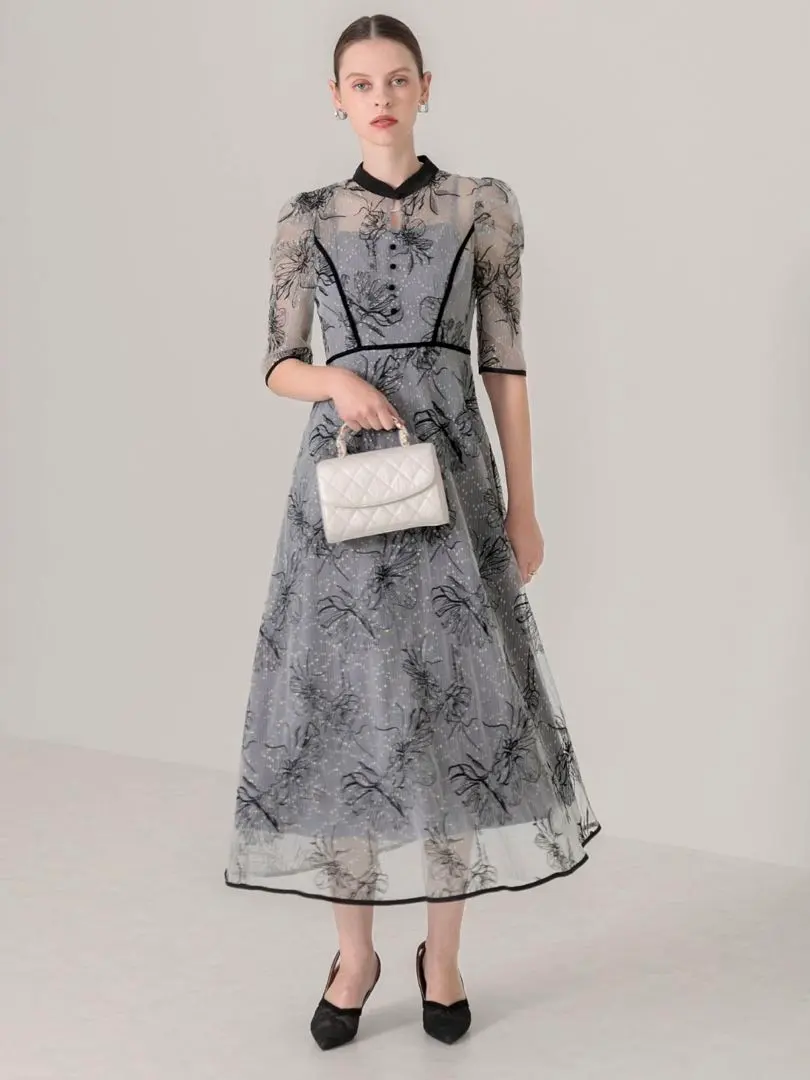 パイピングハイネック花柄ラメレースワンピースドレス結婚式パーティー二次会成人式