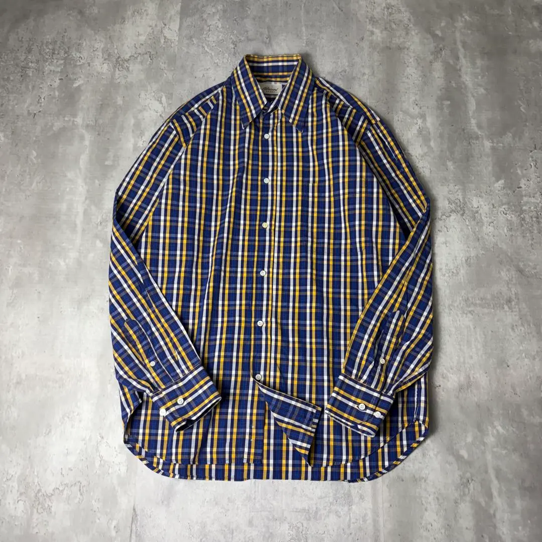 イタリア製 Brioni ブリオーニ チェック柄 BDシャツ 16 ブルー 黄