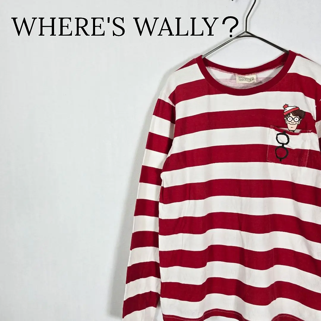 【キャラクター】ウォーリーを探せ！ ボーダー ロンT 赤 白 ポケット Tシャツ