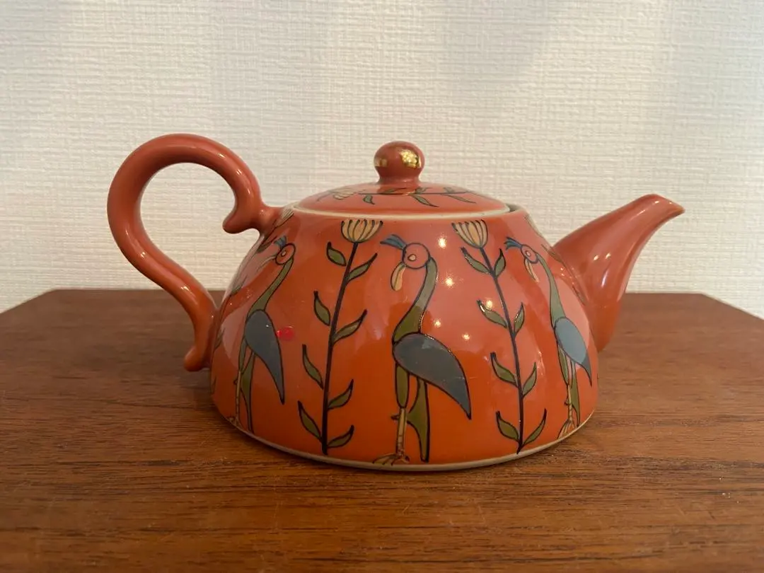 ペルー ヴィンテージ オレンジ色の鳥デザインティーポット 古代インカ帝国