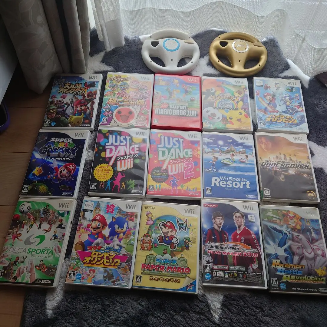 Wiiソフト 15本セット＋マリオカートハンドル2個セット ジャンク／動作未確認
