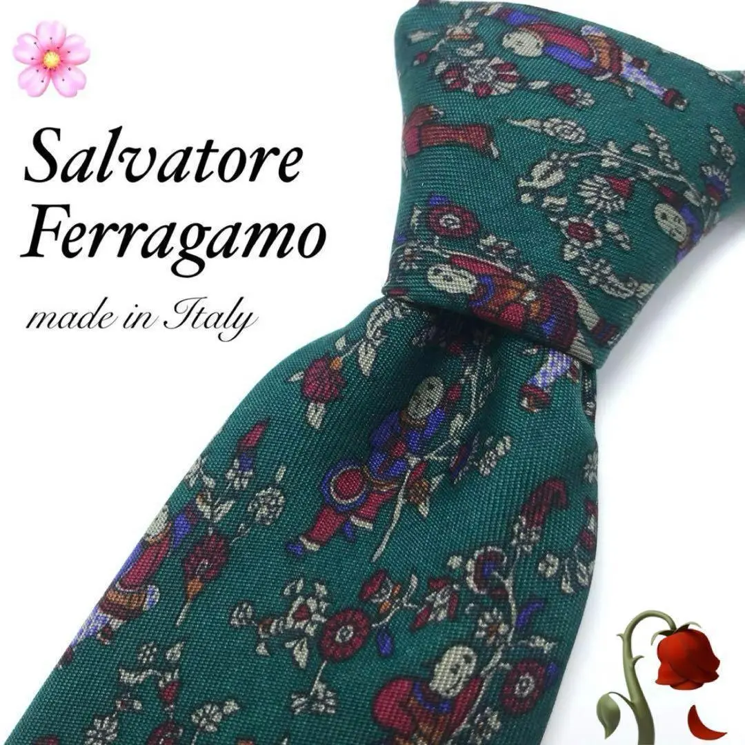 【美品】Salvatore Ferragamo ネクタイ 総柄 グリーン 緑