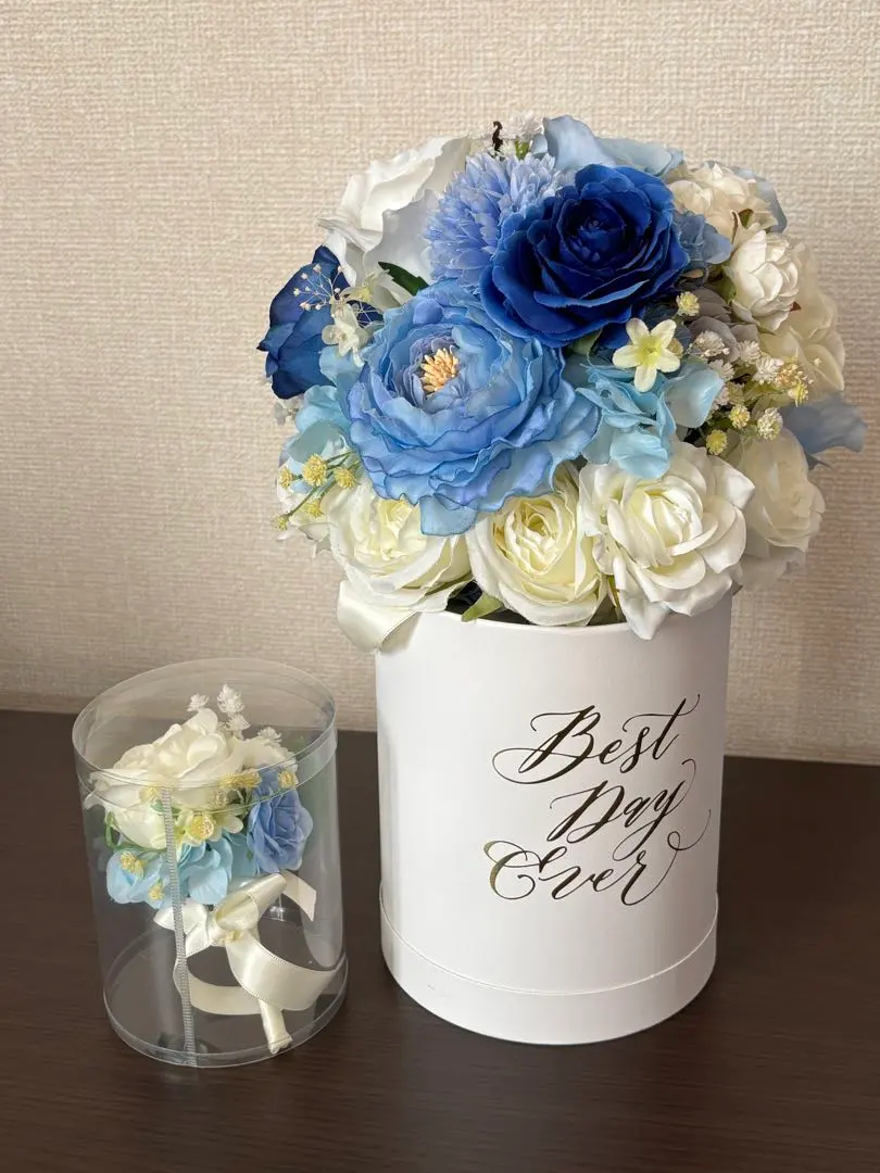 ウェディング　ラウンドブーケ　ブートニア　セット　ブルー