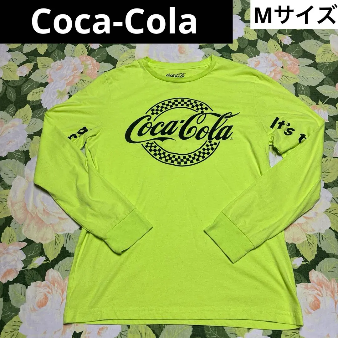 【値下げOK】Coca-Cola US古着長袖Ｔシャツ M 蛍光イエロー　袖ロゴ