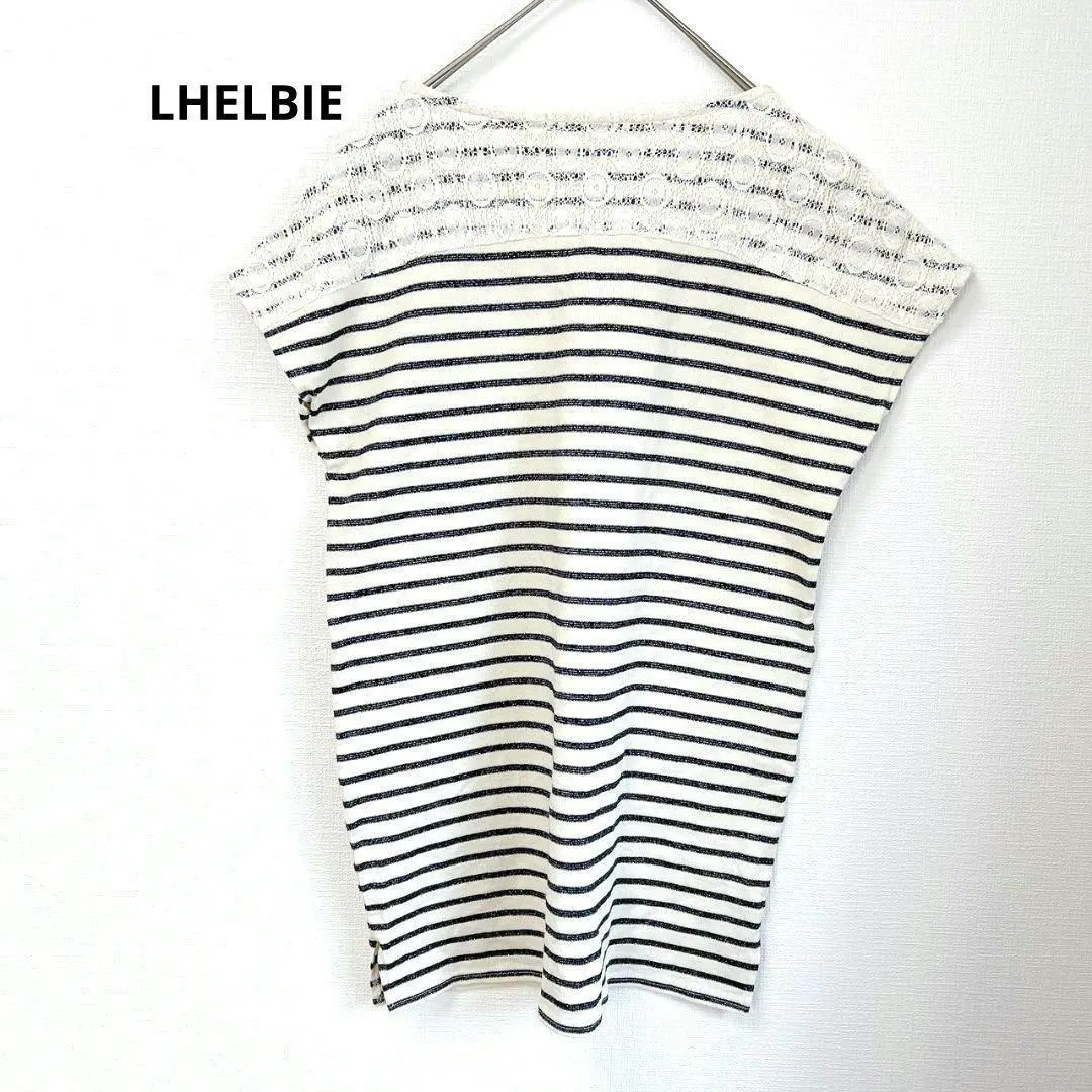 レルビエ　ボーダー 半袖チュニック ラメ　レース　綿97%　サイドスリット