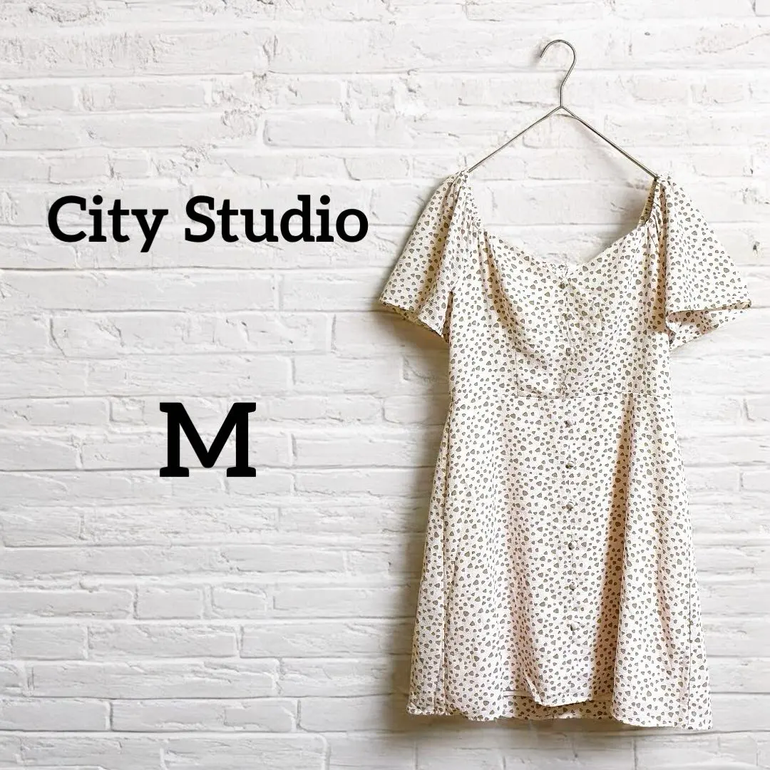 海外古着‼︎City Studio【M】ドット柄 薄ピンク半袖ミニワンピース
