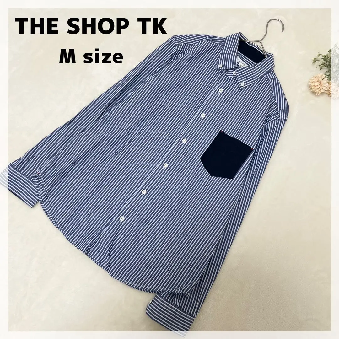 【ザショップティーケー】ストライプ ボタンダウンシャツ M ネイビー 綿100%