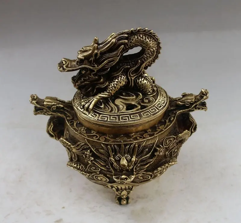2137 吉秀 銘 獅子摘蓋 龍文 竜地紋 鋳銅 三つ足香炉