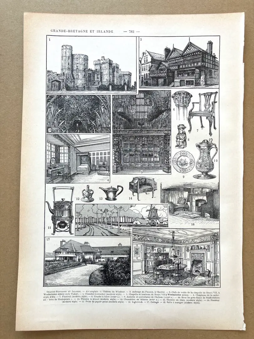 両面に図柄　フランスのアンティーク紙物　イギリス・アイルランド古地図　古城　家具