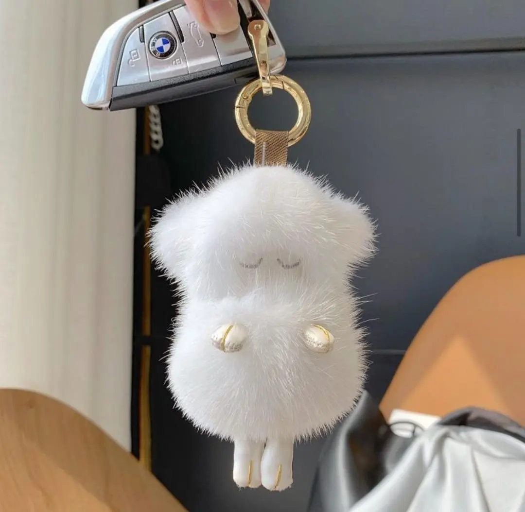 新品限定 最高級ミンクファー付バッグチャームキーホルダー毛皮ファー