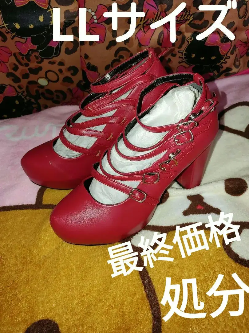 厚底ストラップ付ヒール　パンプス　6連ベルト　赤レッド　夢展望