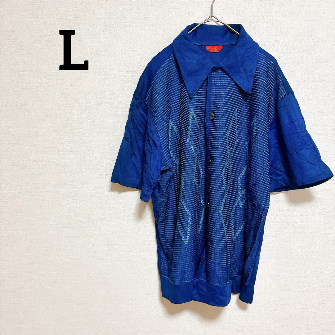 【L】青 ストライプ ニット 半袖シャツ ひし形デザイン