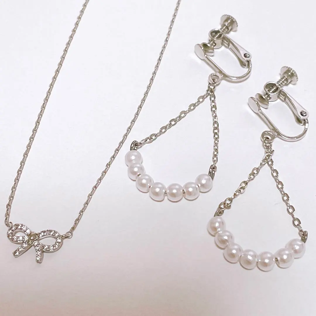 パールとチェーンのシルバーイヤリング