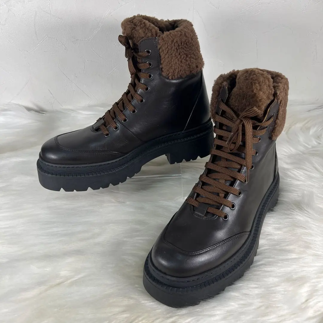 新品 コルソローマ 本革 レースアップムートンブーツ 39 ダークブラウン