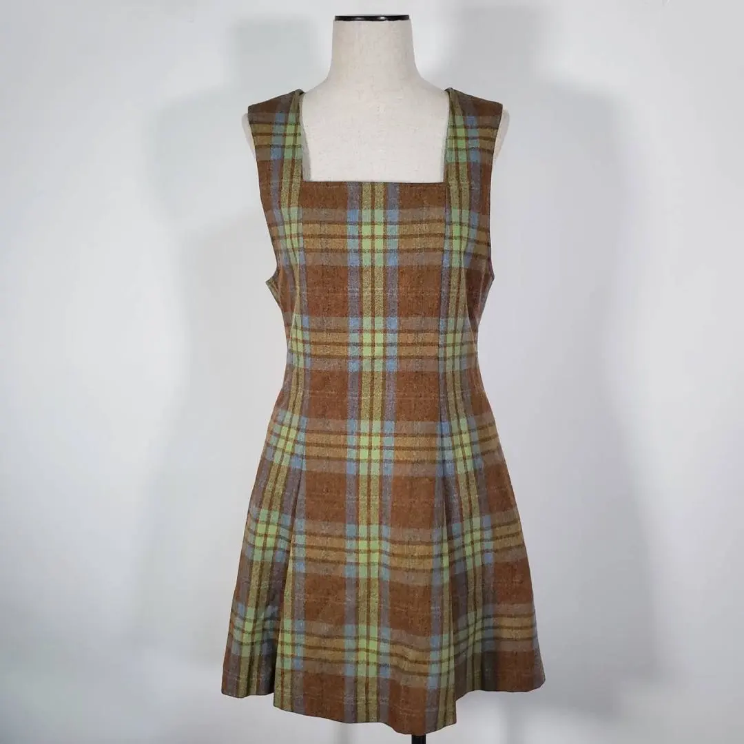 SIM レディース ミニワンピース 茶 チェック ノースリーブ かわいい M