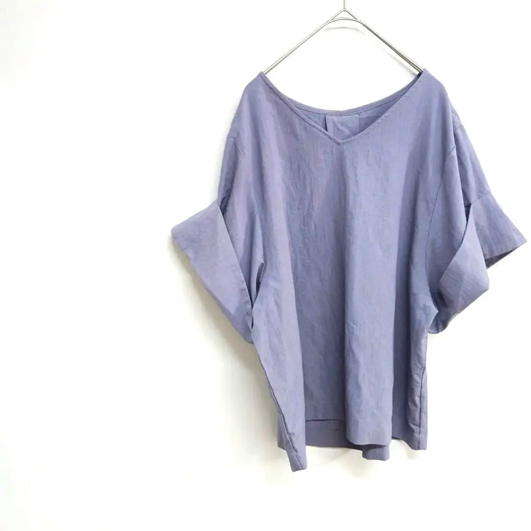 薄紫 Vネック 半袖チュニック　フリー 袖口広め　軽量　カジュアル　ゆったり