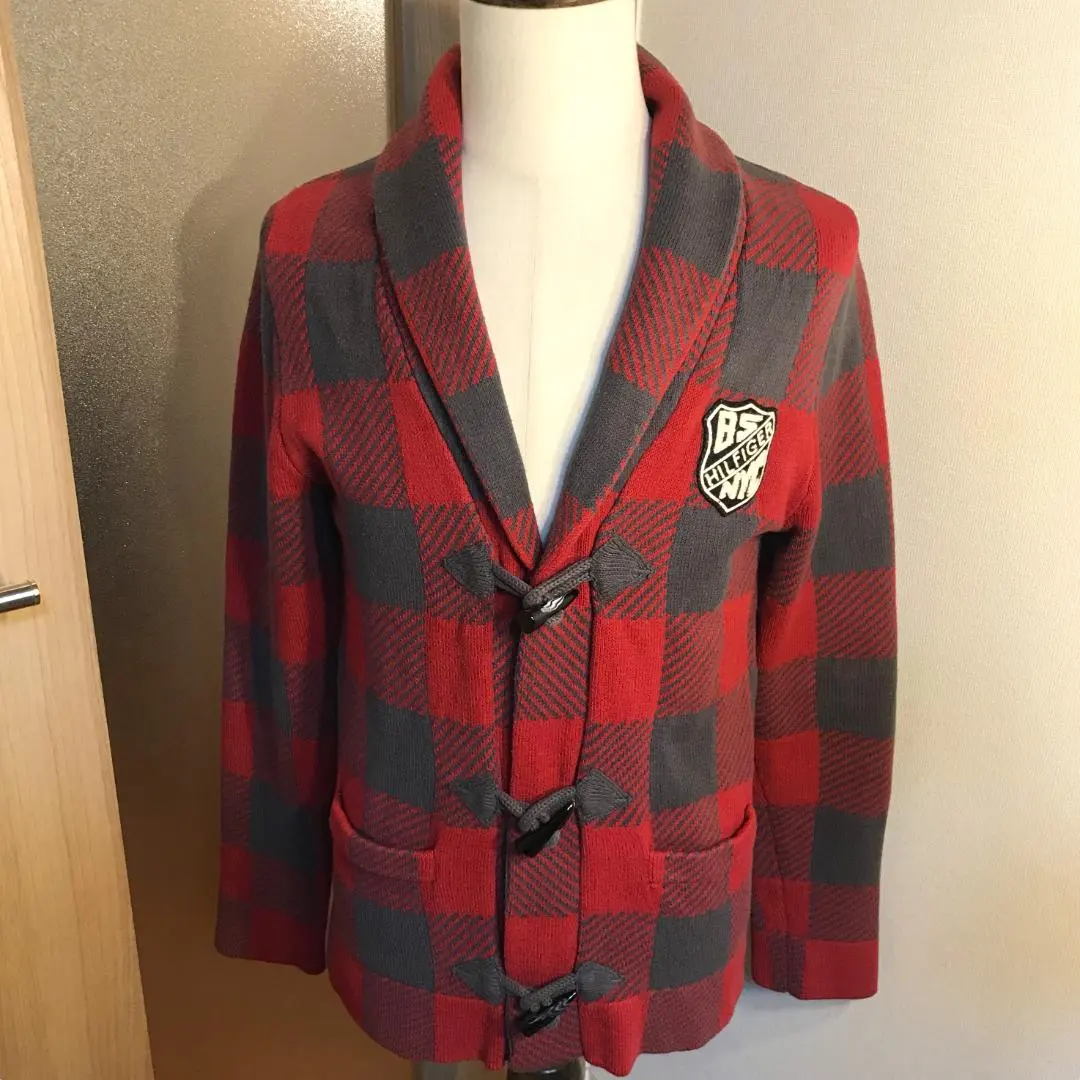 メンズ【美品 トミーヒルフィガー】XL 赤 ショールカラー 刺繍 ロゴ ニット