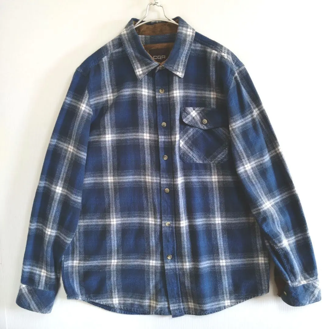 S1354　CQR　長袖ネルシャツ　XL　紺青　白　チェック　US古着