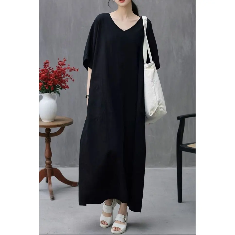 2色 無地のワンピース 着心地いい Vネック マキシ丈 体型をカバー 夏物