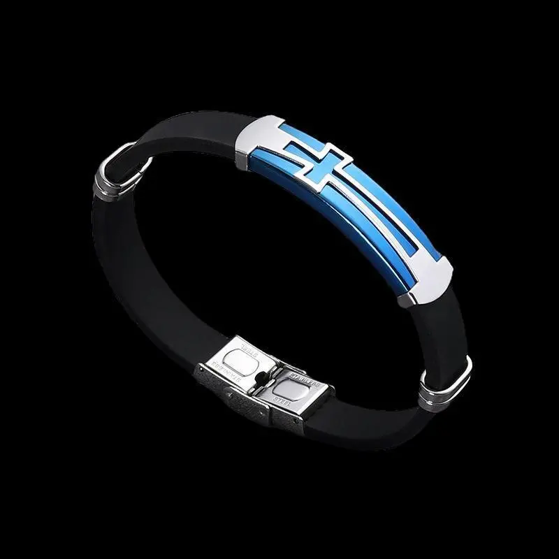 【B15】ブレスレット　アクセサリー　メンズ　ブルー　青　チタン　クロス　十字架