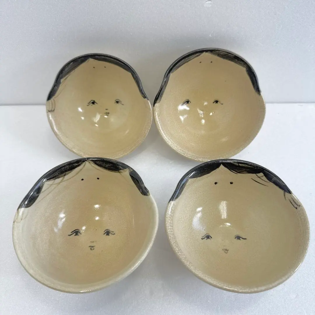 おたふく お多福 おかめ 顔 陶器 湯飲み 4個セット 不忘 レトロ 和食器
