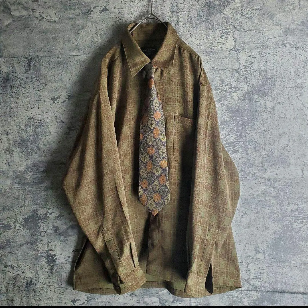 【ネクタイシャツ】古着 総柄 チェック アーガイル ブラウン カーキ 紫 レトロ