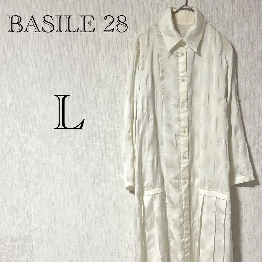 バジーレ 【L】シャツワンピース ひざ丈 ドット柄 光沢感 上品 ホワイト