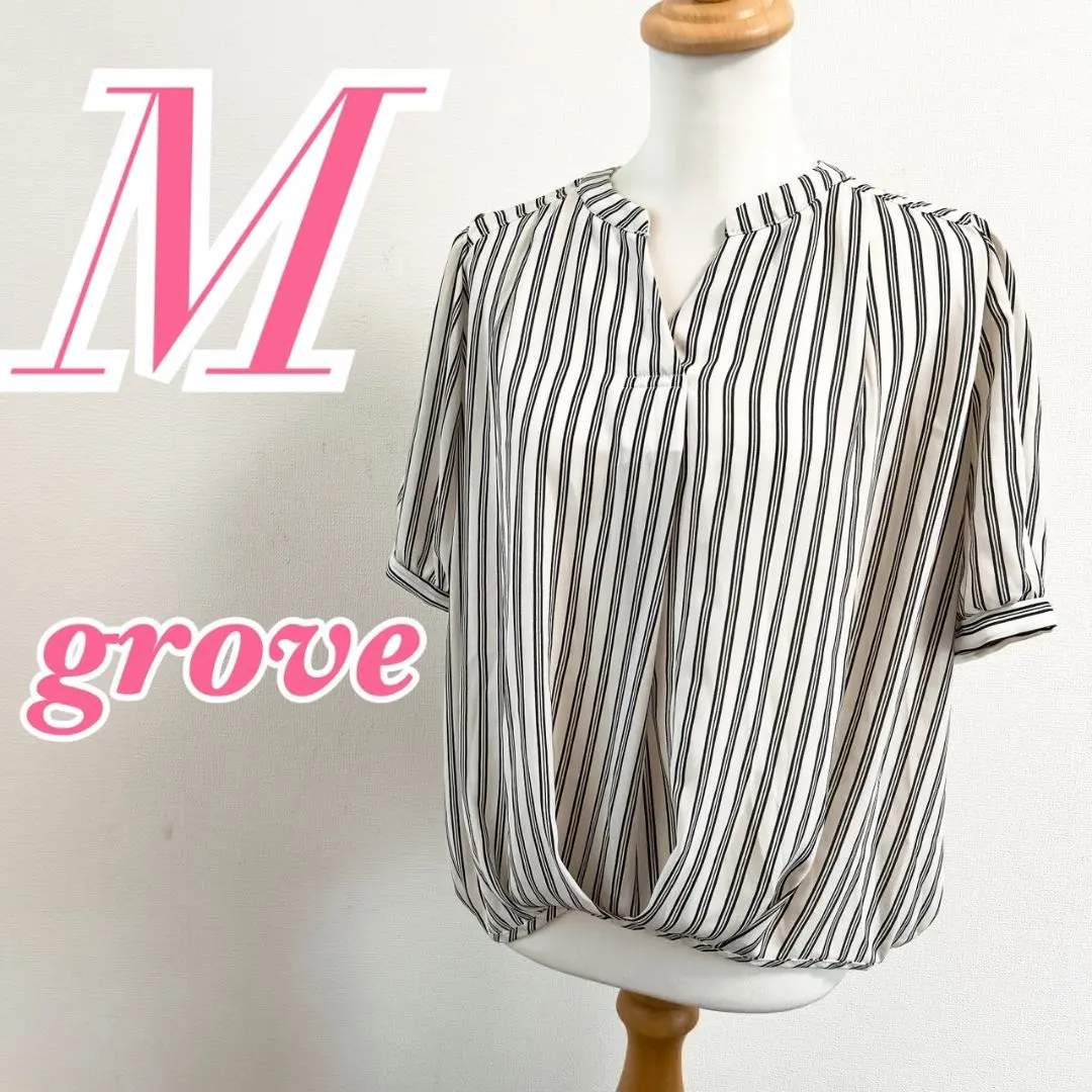 grove 半袖ストライプブラウス M　オフィスカジュアル　きれいめコーデ