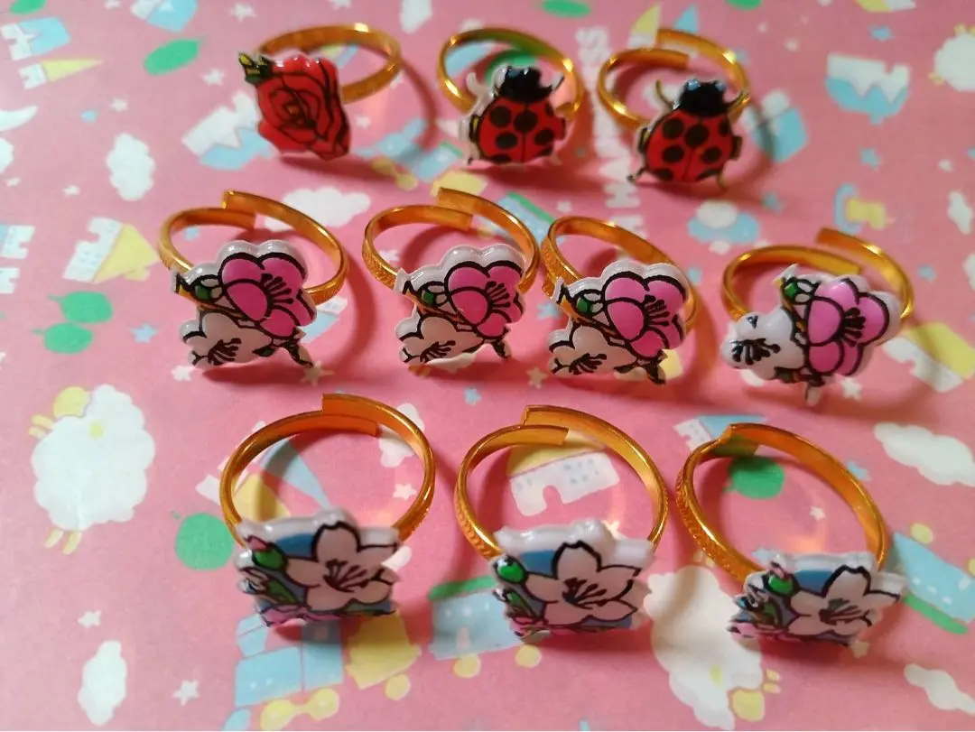 昭和レトロ　おもちゃの指輪セット　お花　てんとうむし　薔薇　梅　桜　レトロポップ