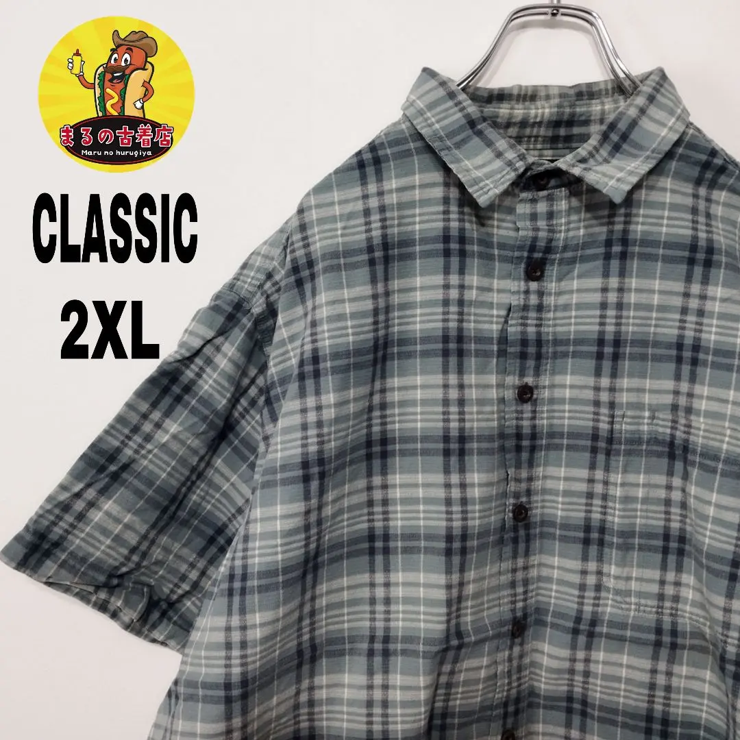 USA古着 CLASSIC　半袖ボタンシャツ2XLライトブルーネイビー　チェック