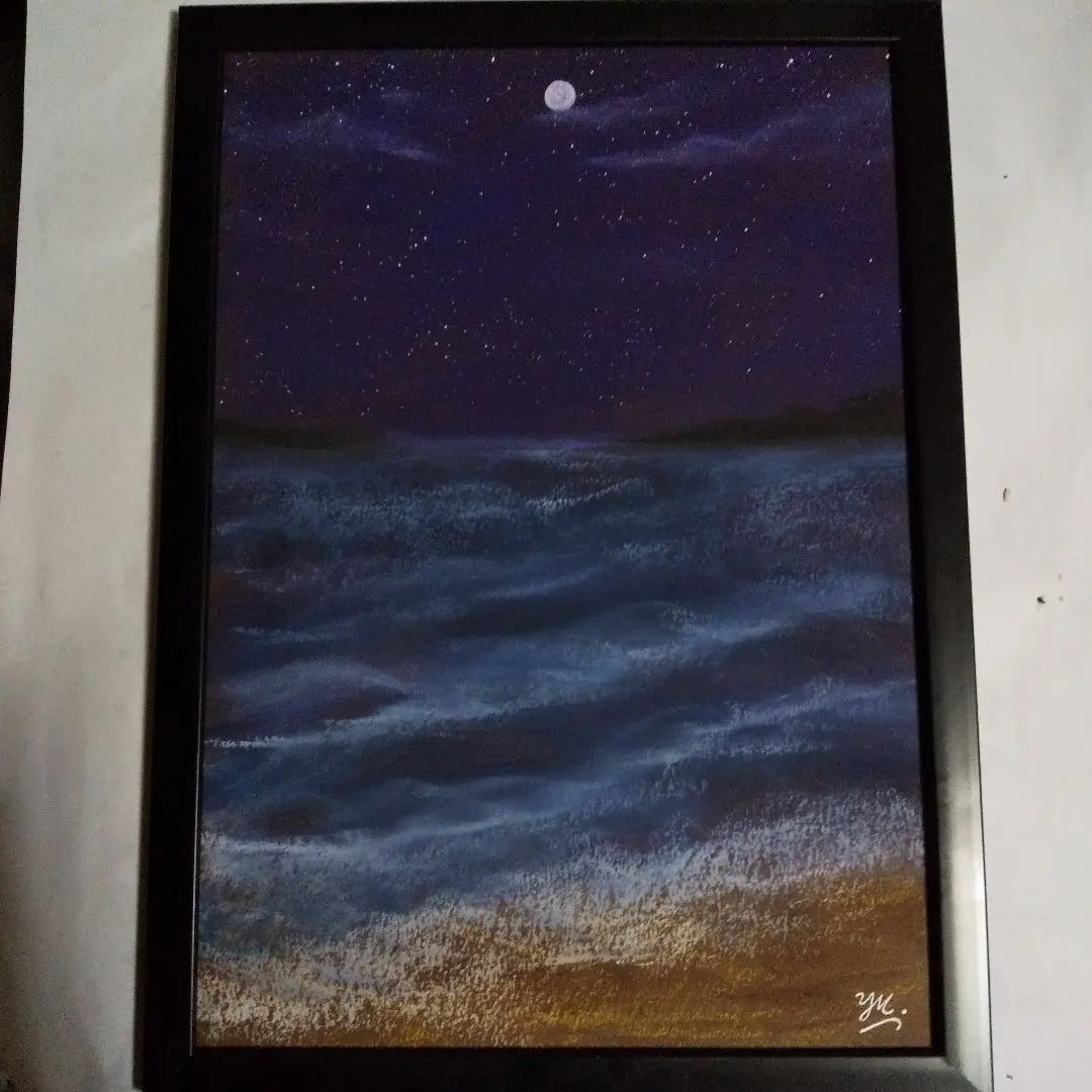 【匿名配送】絵画　「深夜の海」　A4サイズ額つき