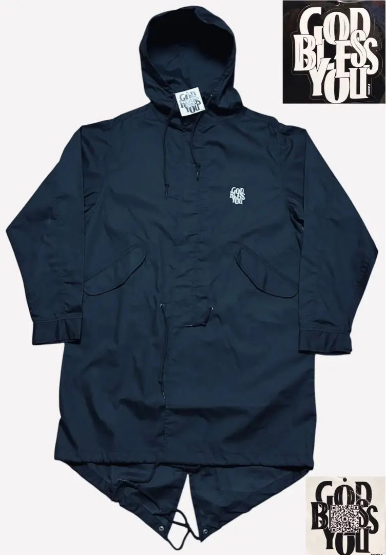 GODBLESSYOUEXAMPLEステッカー付美品刺繍ミリタリーコート黒L相当