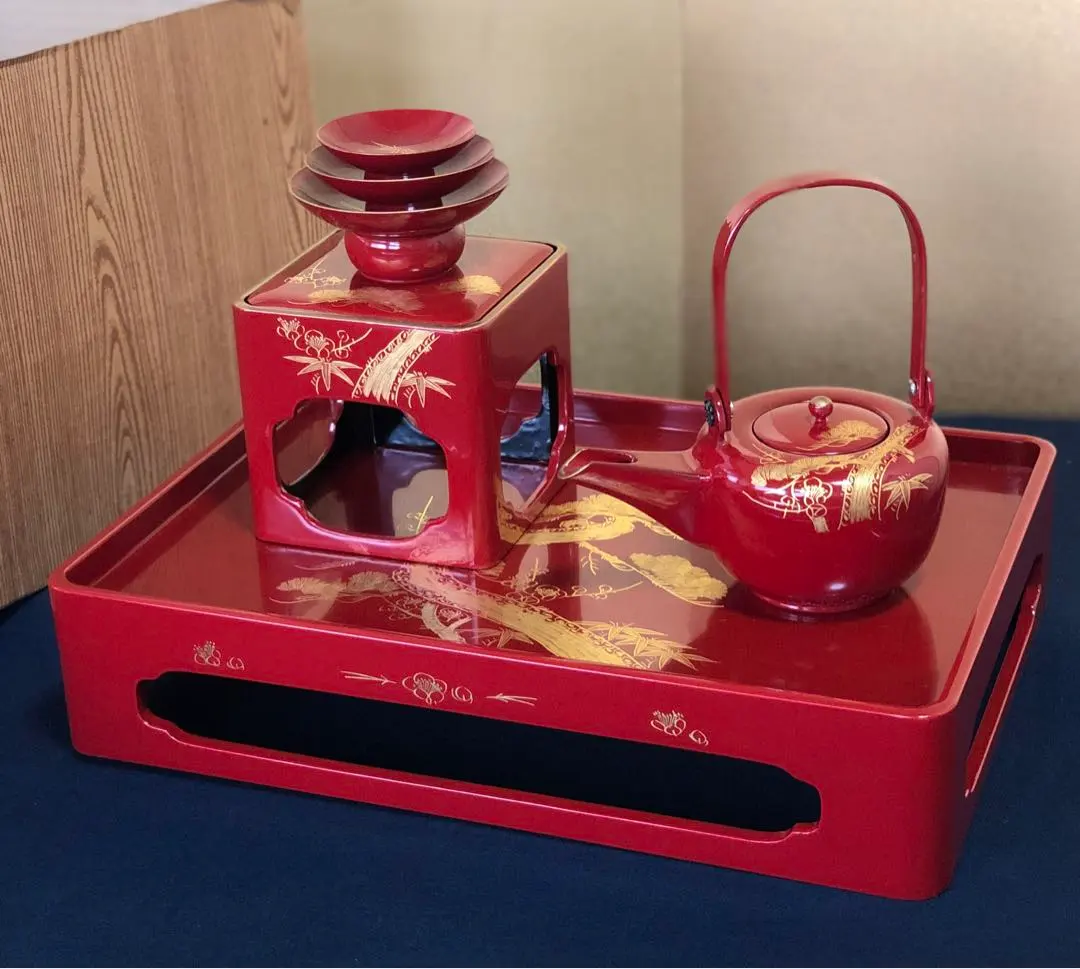 《レ》朱塗 沈金松竹梅 屠蘇器 木製漆器 元箱　251111う6