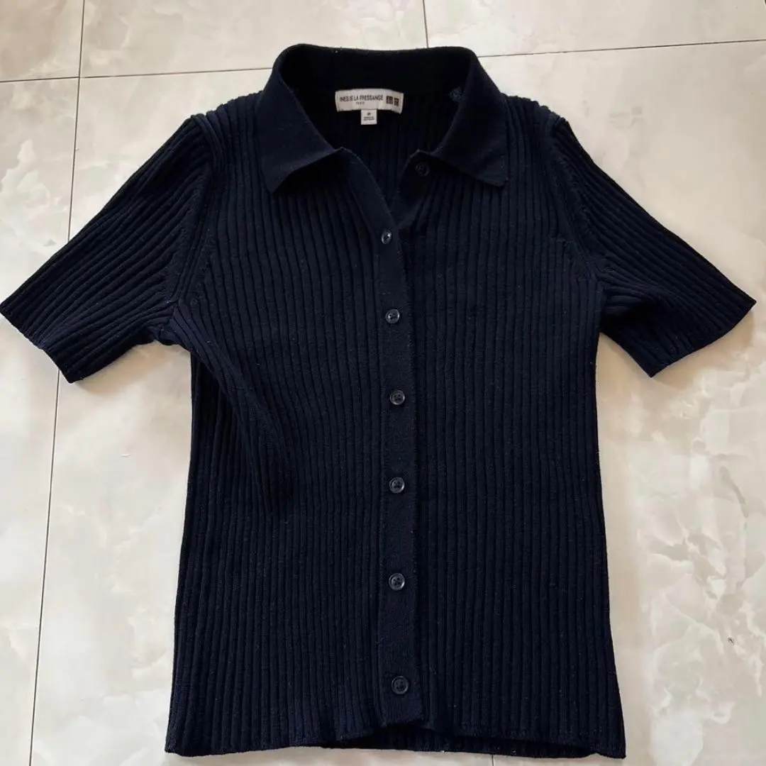 【美品】リブポロカーディガン(半袖)　ネイビー　M　ユニクロ　イネス